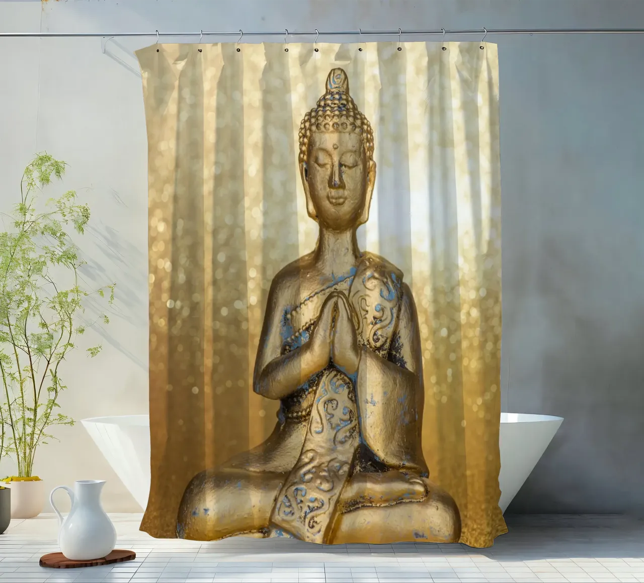 Golden Buddha in front of a shiny background shower curtain by Bilderwelt - Kunst für die Wand