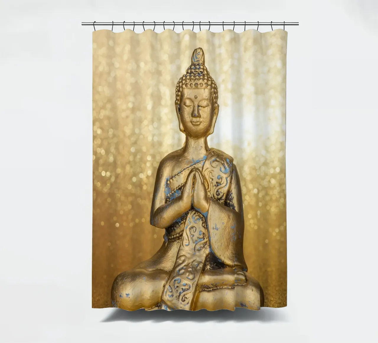 Golden Buddha in front of a shiny background shower curtain by Bilderwelt - Kunst für die Wand