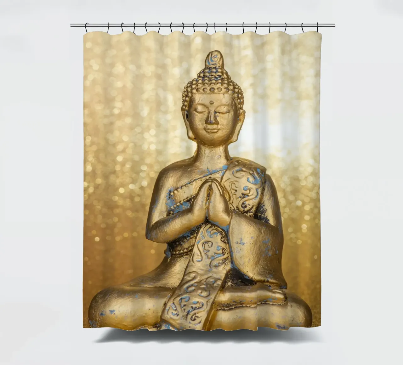 Golden Buddha in front of a shiny background shower curtain by Bilderwelt - Kunst für die Wand