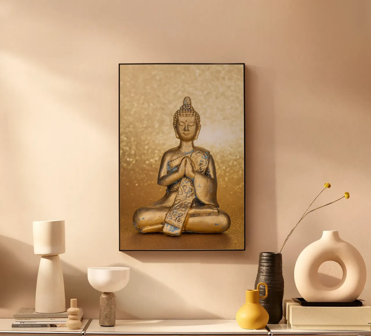 Golden Buddha in front of a shiny background alu-dibond by Bilderwelt - Kunst für die Wand