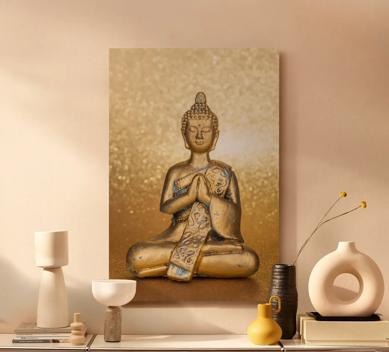 Golden Buddha in front of a shiny background alu-dibond by Bilderwelt - Kunst für die Wand