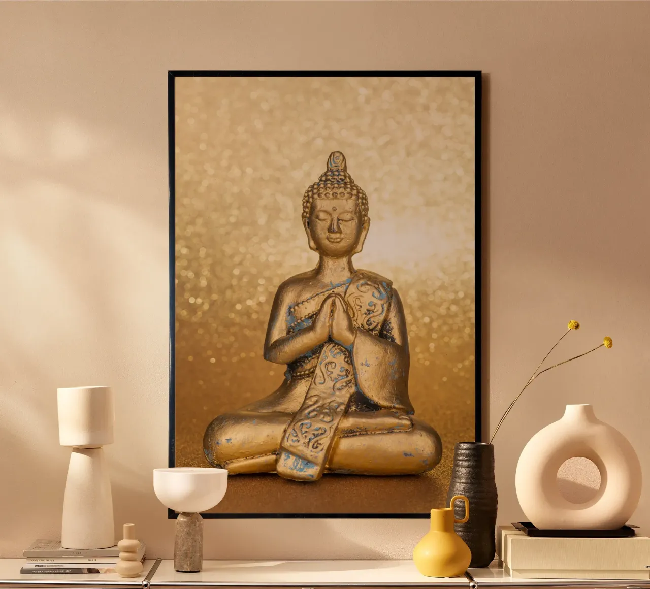 Golden Buddha in front of a shiny background hahnemühle by Bilderwelt - Kunst für die Wand