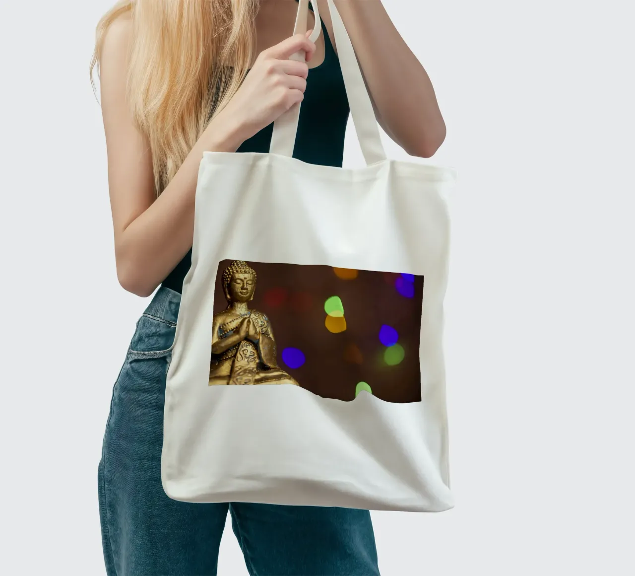 Buddha d'oro con giochi di luce colorati borsa in juta da Bilderwelt - Kunst für die Wand