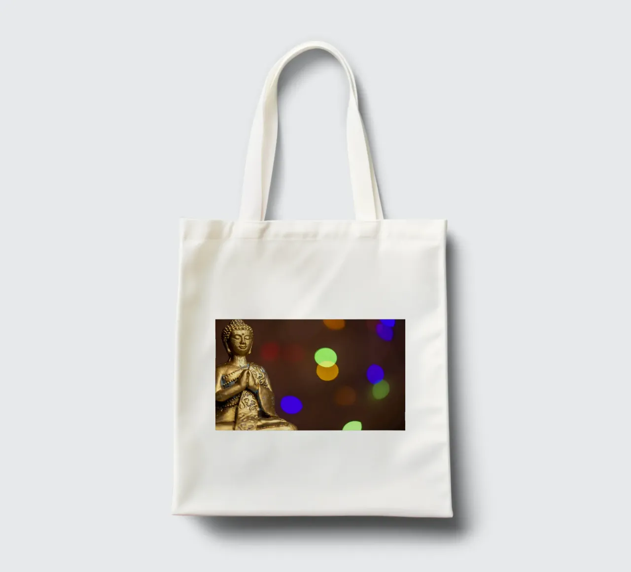 Buddha d'oro con giochi di luce colorati borsa in juta da Bilderwelt - Kunst für die Wand