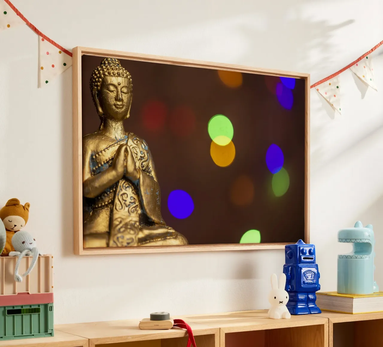 Golden Buddha with colourful play of light canvas with Floater frame by Bilderwelt - Kunst für die Wand