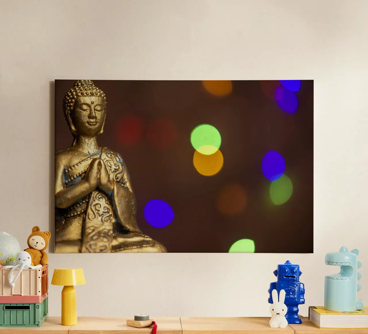 Golden Buddha with colourful play of light canvas with Floater frame by Bilderwelt - Kunst für die Wand