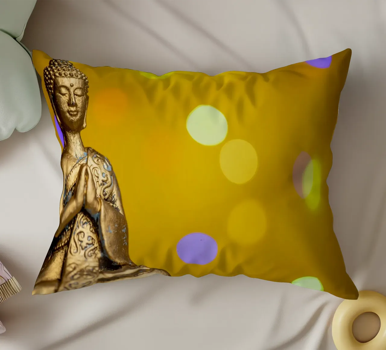 Bouddha doré devant un cercle de lumière jaune coussin de Bilderwelt - Kunst für die Wand