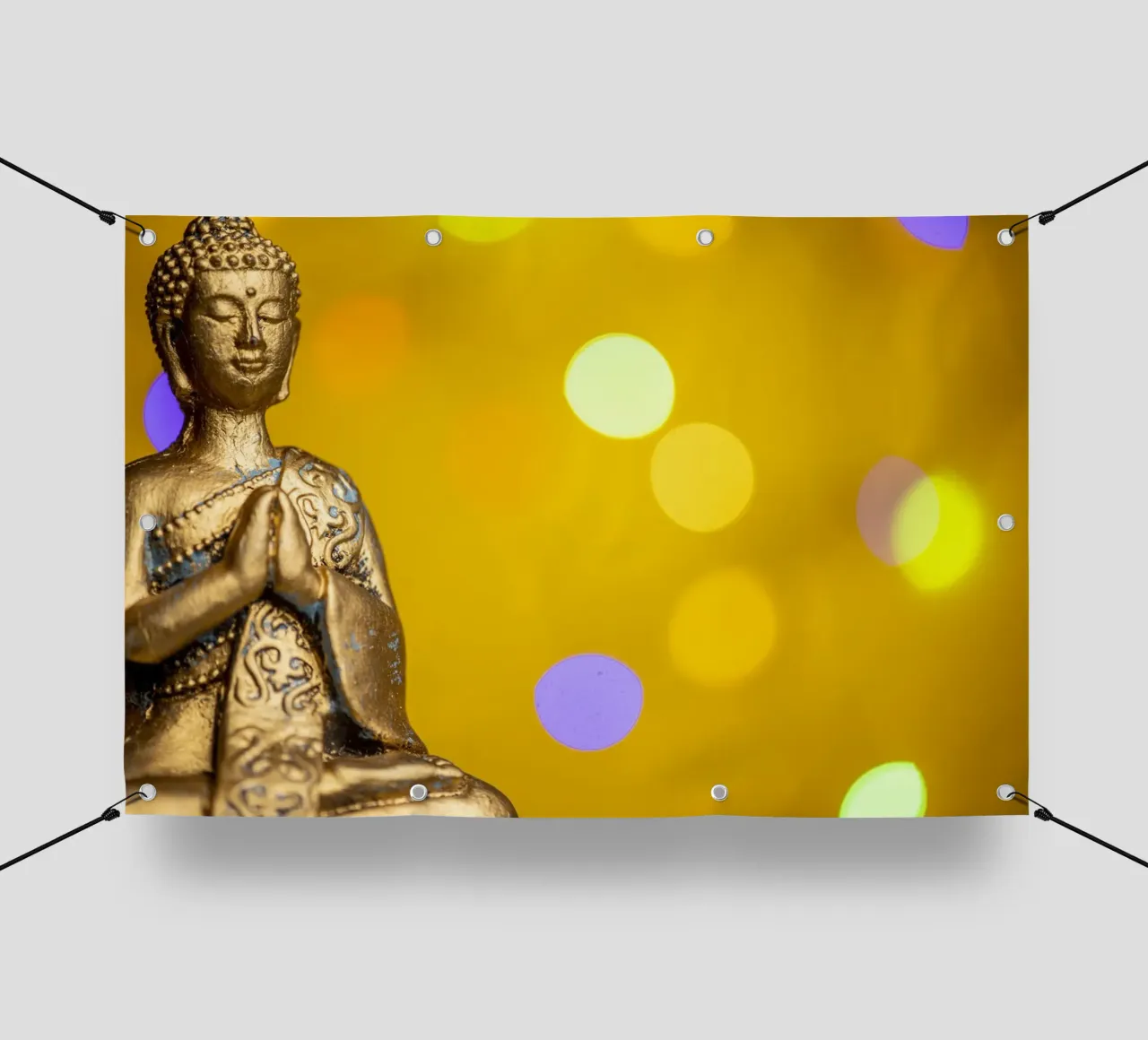 Bouddha doré devant un cercle de lumière jaune bâche pvc de Bilderwelt - Kunst für die Wand