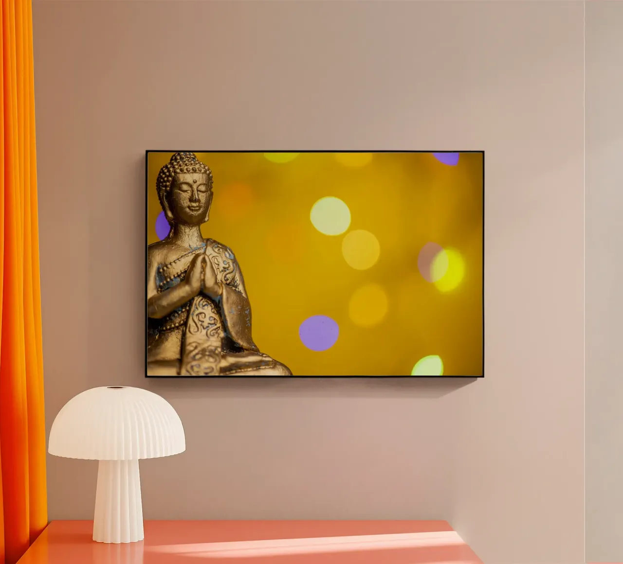 Bouddha doré devant un cercle de lumière jaune plexiglas de Bilderwelt - Kunst für die Wand