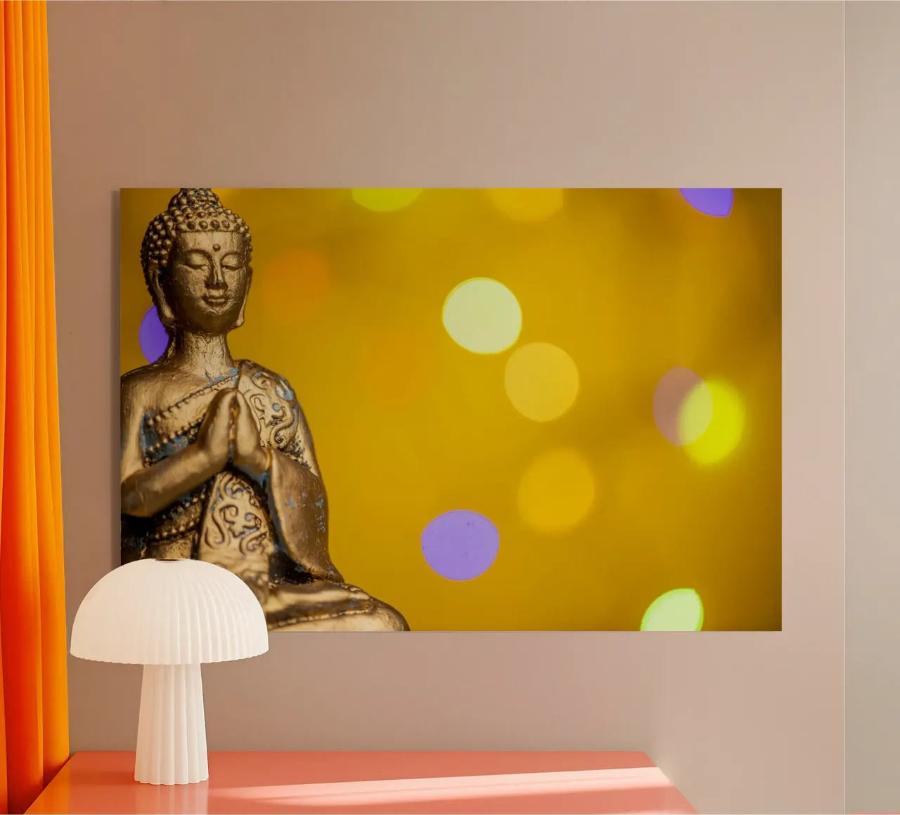 Bouddha doré devant un cercle de lumière jaune plexiglas de Bilderwelt - Kunst für die Wand