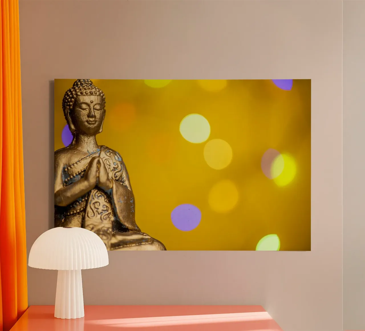 Bouddha doré devant un cercle de lumière jaune toile de Bilderwelt - Kunst für die Wand