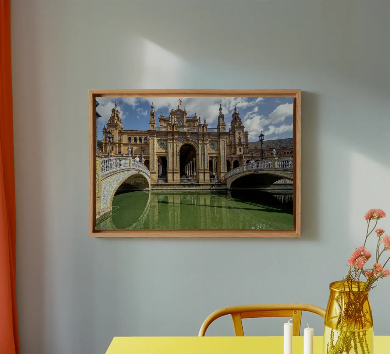 Plaza de España with bridge and towers canvas with Floater frame by Bilderwelt - Kunst für die Wand