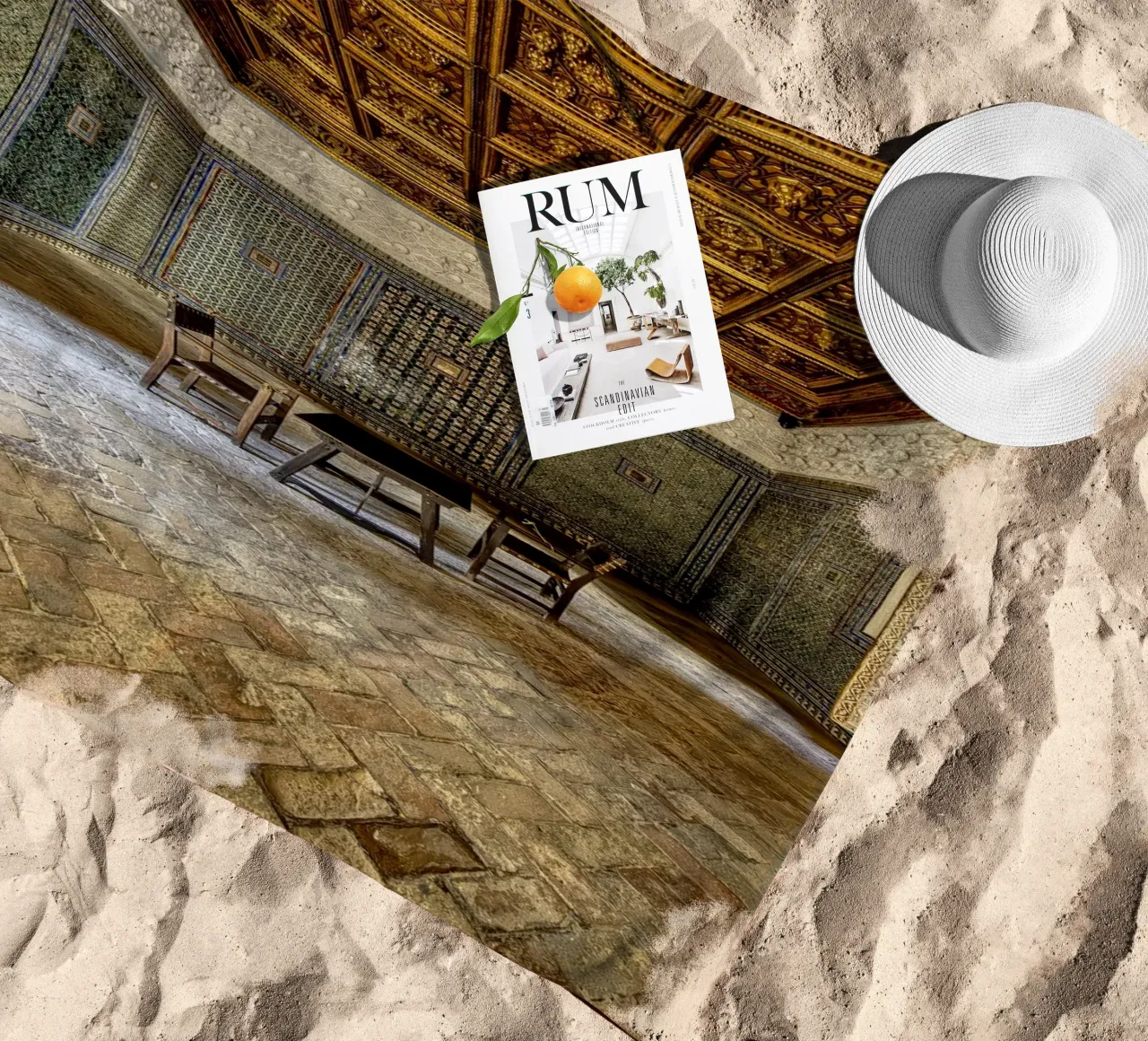 Camera mudéjar con piastrelle e soffitto in legno telo mare da Bilderwelt - Kunst für die Wand