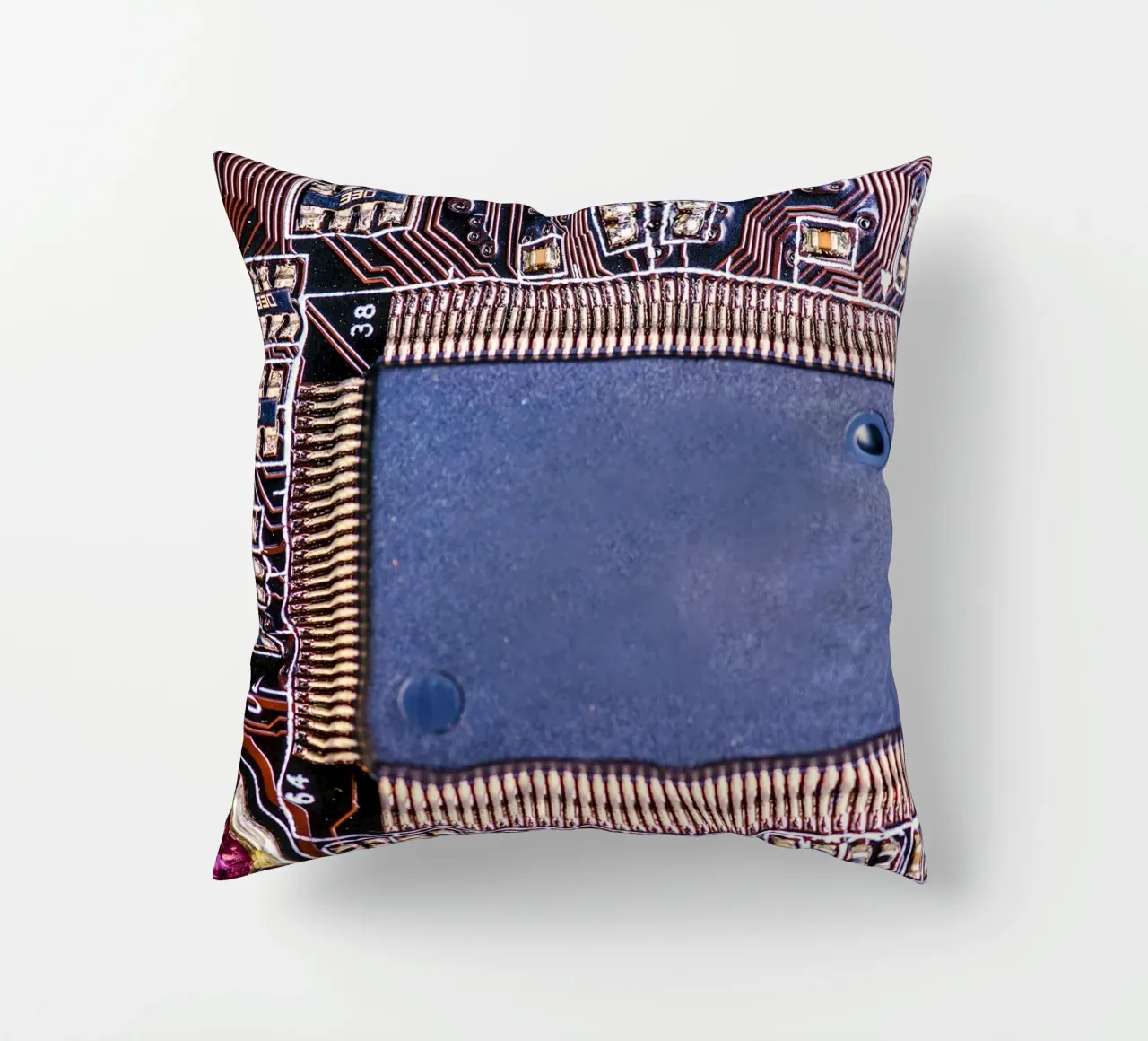 Microprocessor on printed circuit board in detail decorative cushion by Bilderwelt - Kunst für die Wand