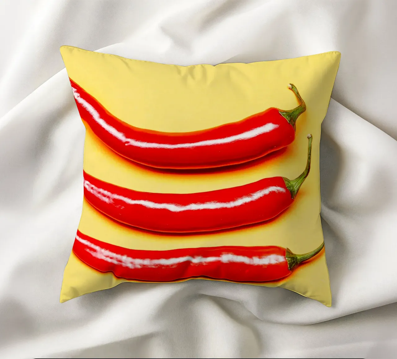 Red chilli peppers on a yellow surface decorative cushion by Bilderwelt - Kunst für die Wand