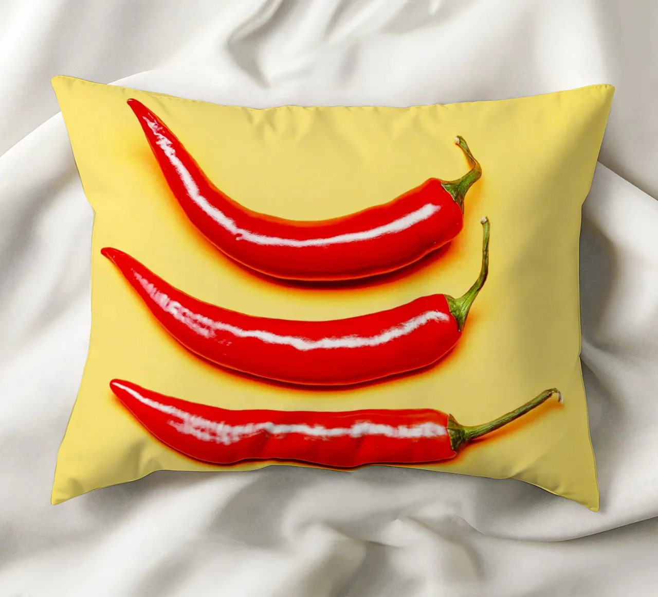 Red chilli peppers on a yellow surface decorative cushion by Bilderwelt - Kunst für die Wand