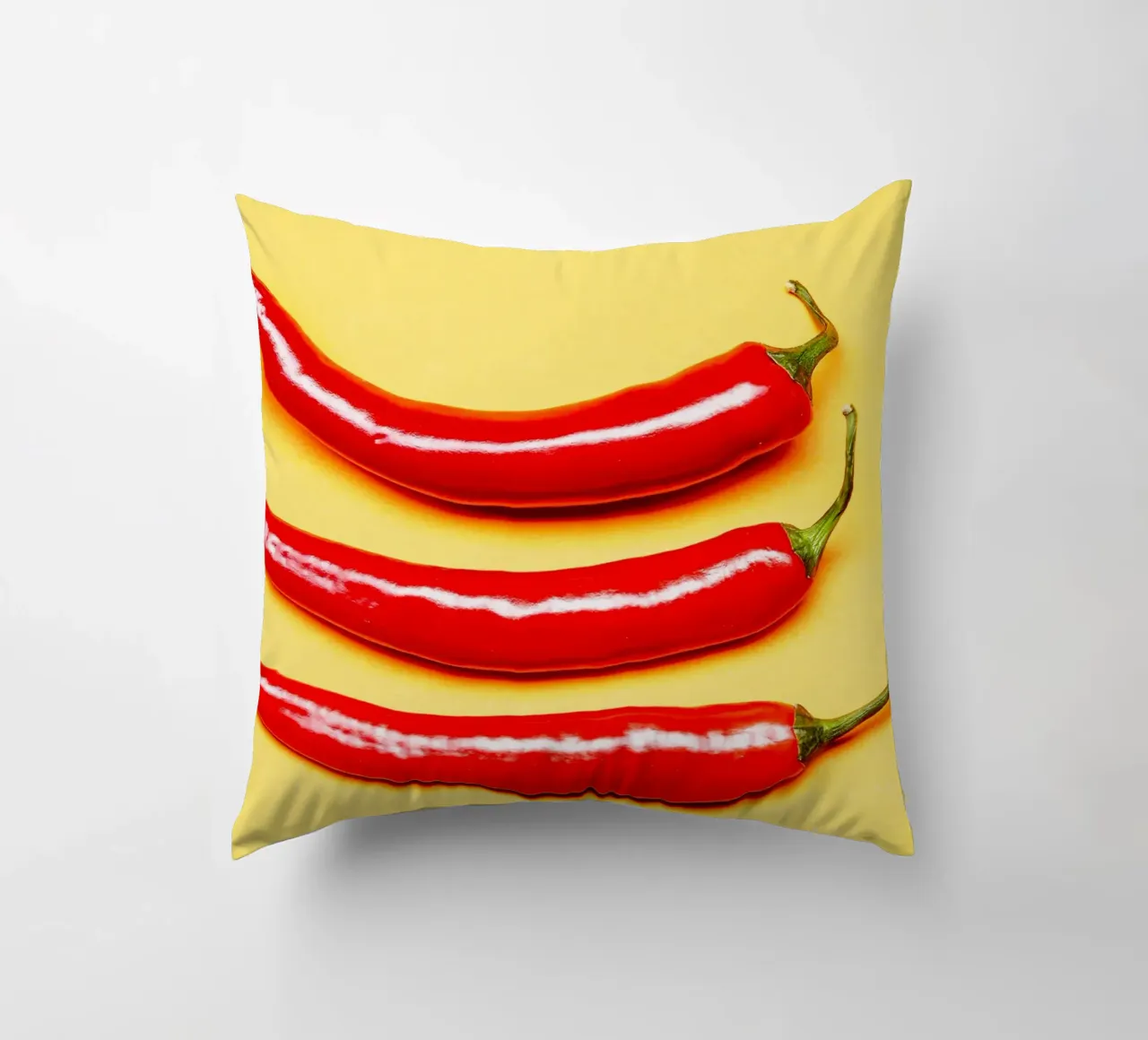 Red chilli peppers on a yellow surface decorative cushion by Bilderwelt - Kunst für die Wand