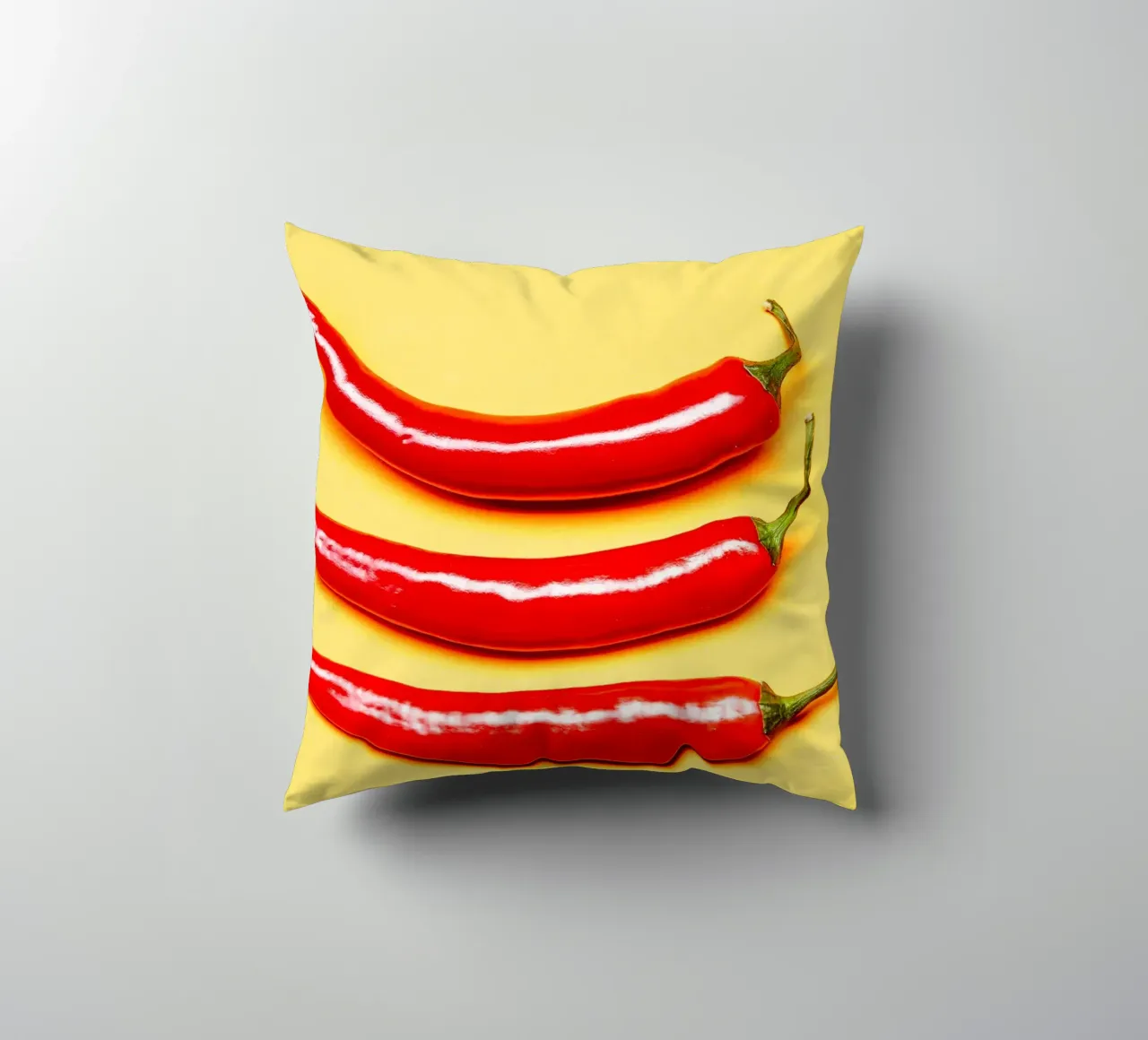 Red chilli peppers on a yellow surface decorative cushion by Bilderwelt - Kunst für die Wand