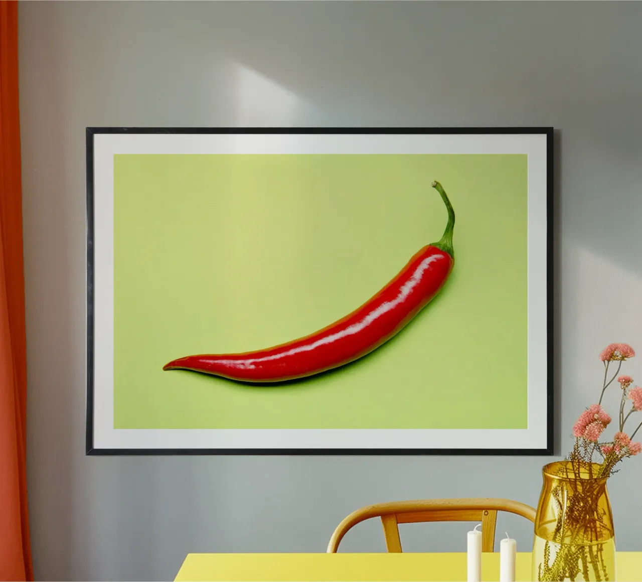 Piment rouge sur fond vert hahnemühle de Bilderwelt - Kunst für die Wand