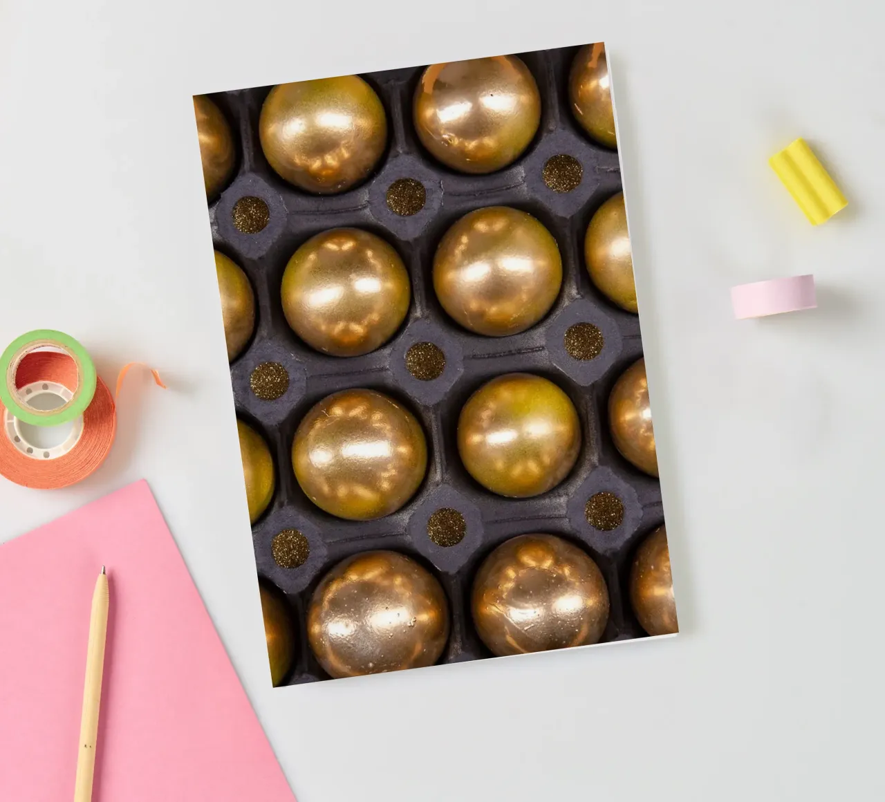 Gold spheres in a symmetrical presentation grid notebook by Bilderwelt - Kunst für die Wand