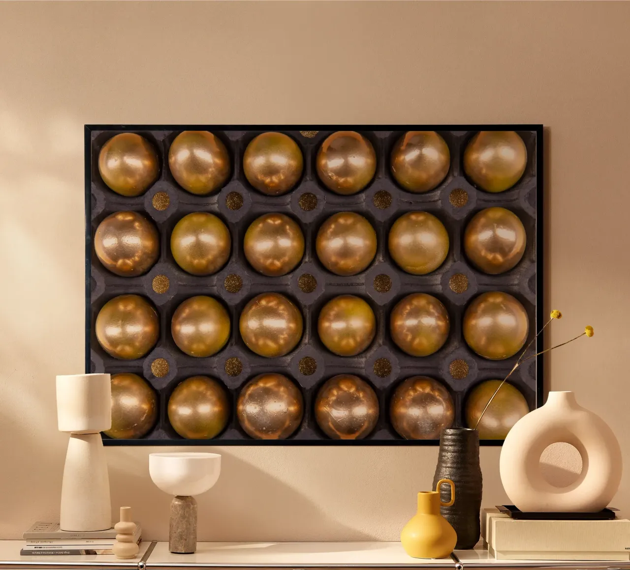 Gold spheres in a symmetrical presentation grid hahnemühle by Bilderwelt - Kunst für die Wand
