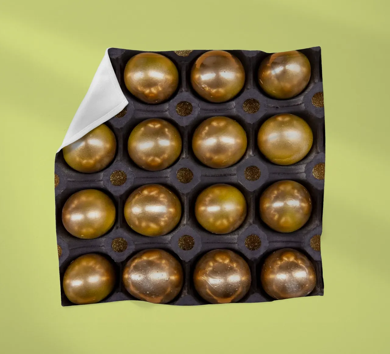Sfere d'oro in una griglia di presentazione simmetrica coperta in pile da Bilderwelt - Kunst für die Wand