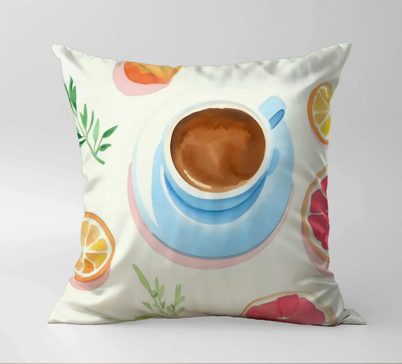 tazza di caffè arance pompelmo cuscino da Alexa Bell