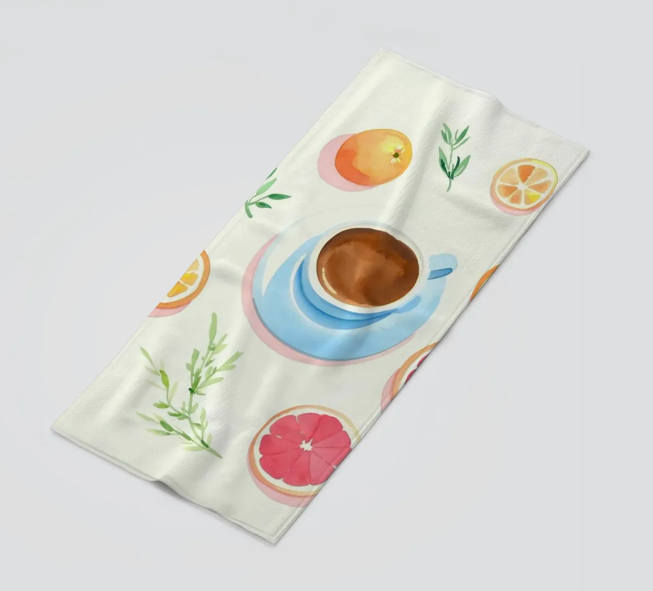 tazza di caffè arance pompelmo telo mare da Alexa Bell