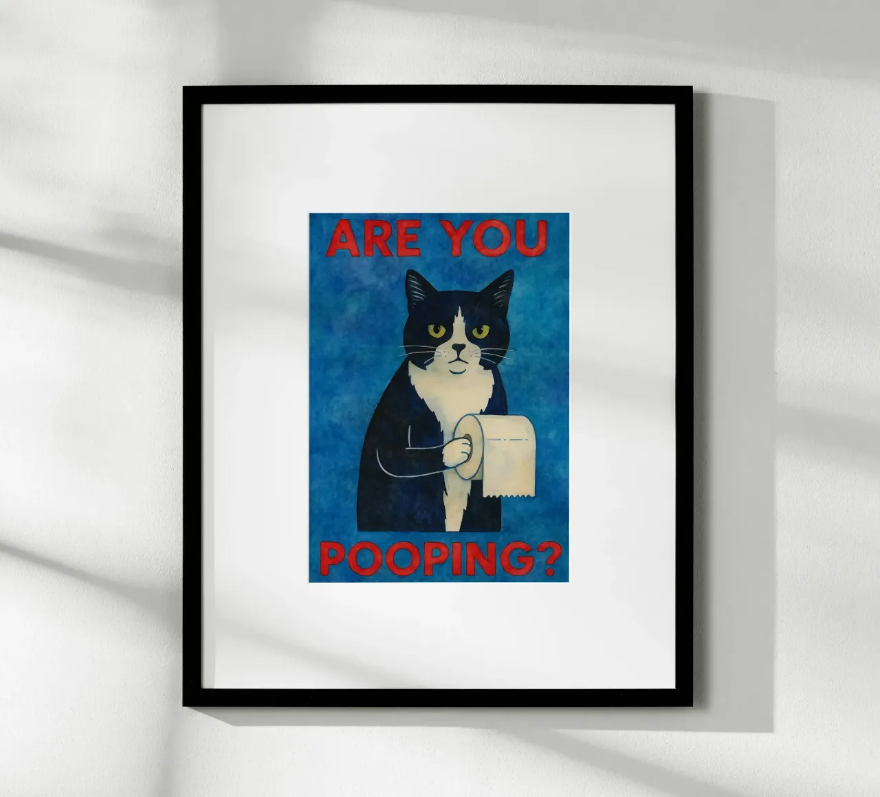 Stai facendo la cacca di gatto in bagno poster con telaio in alluminio da Mirage