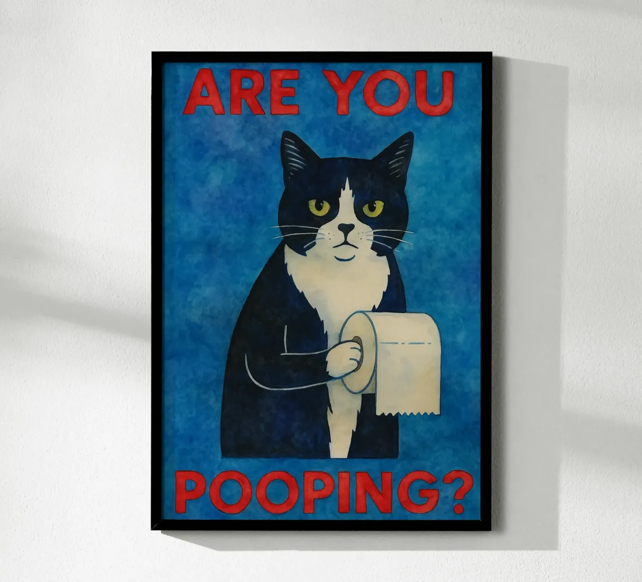 Stai facendo la cacca di gatto in bagno poster con telaio in alluminio da Mirage