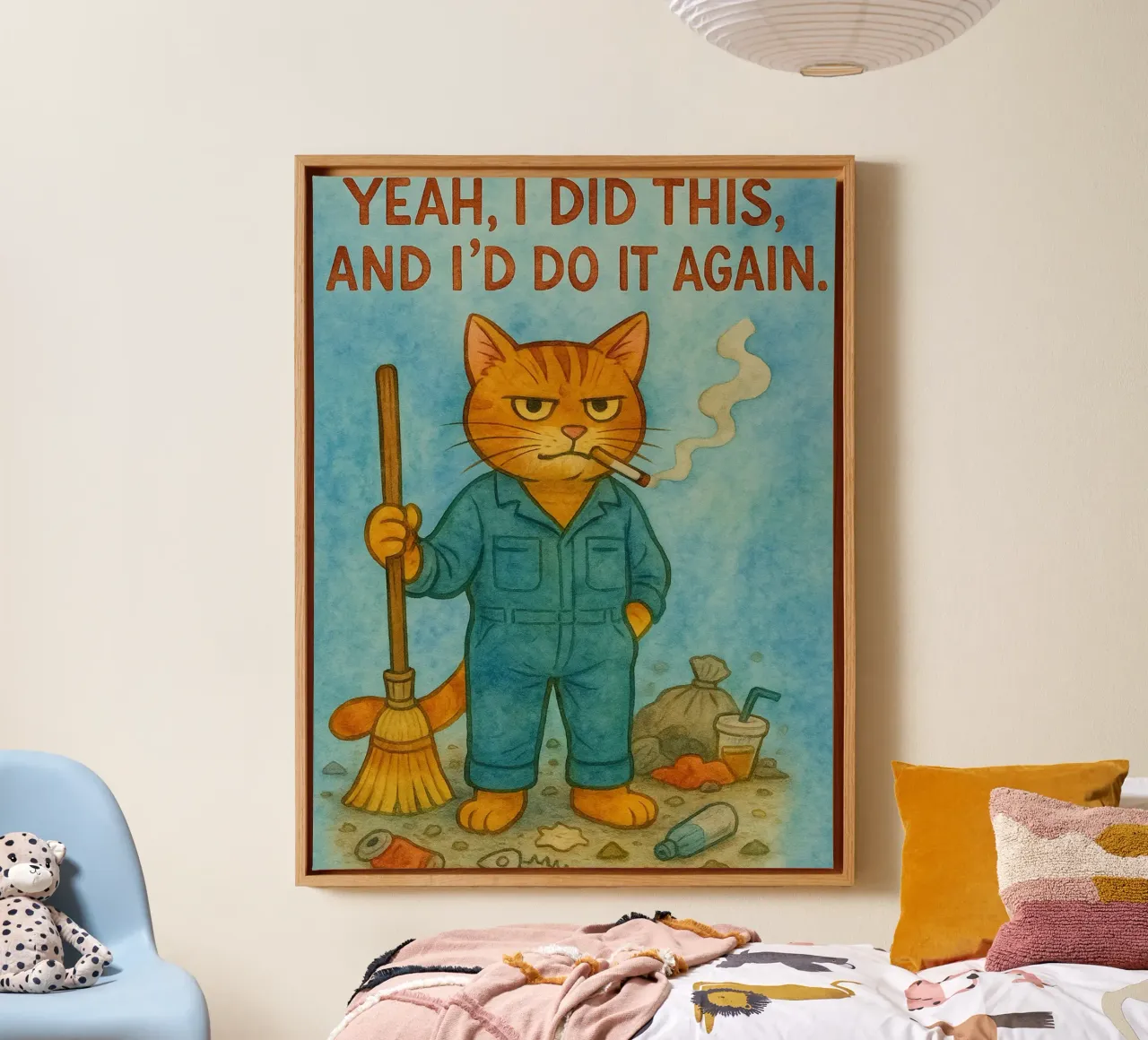 funny cat and the broom canvas with Floater frame by Mirage
