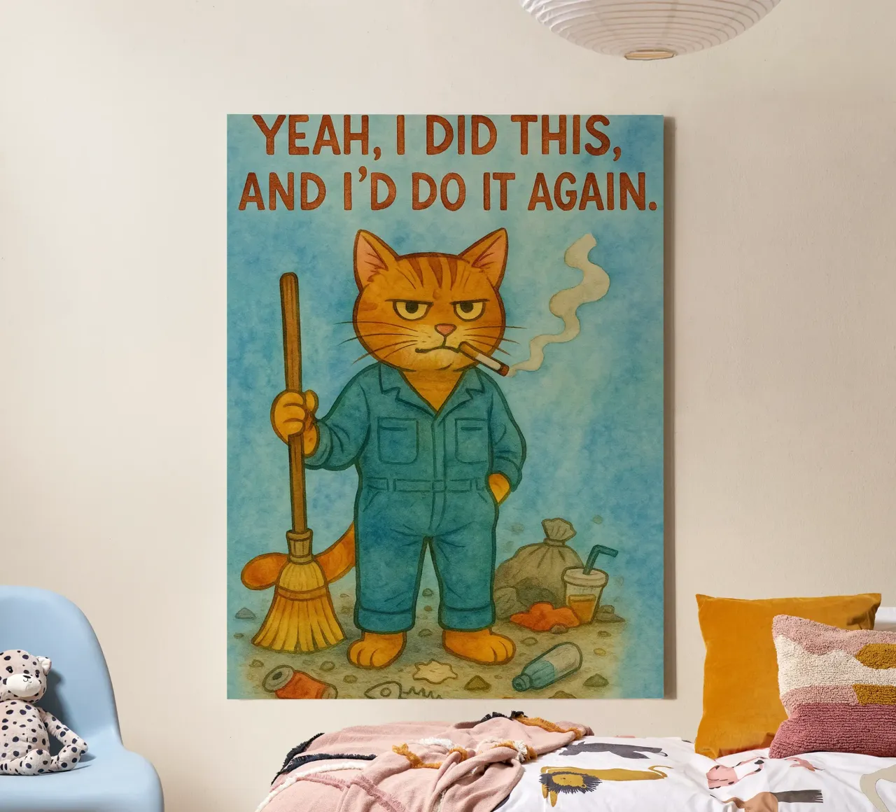 funny cat and the broom canvas with Floater frame by Mirage