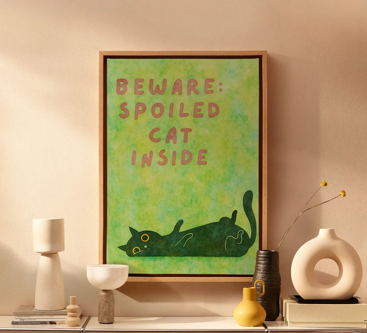 funny cat beware spoiled cat inside canvas with Floater frame by Mirage