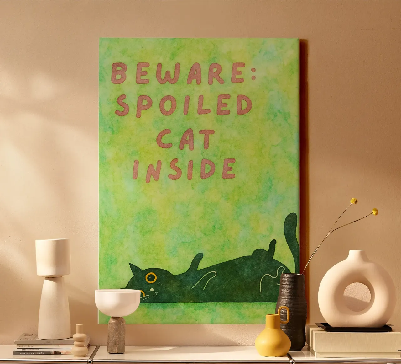 funny cat beware spoiled cat inside canvas with Floater frame by Mirage