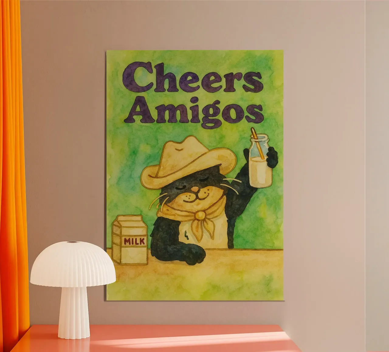 divertente gatto tifa latte amigos poster con telaio in alluminio da Mirage