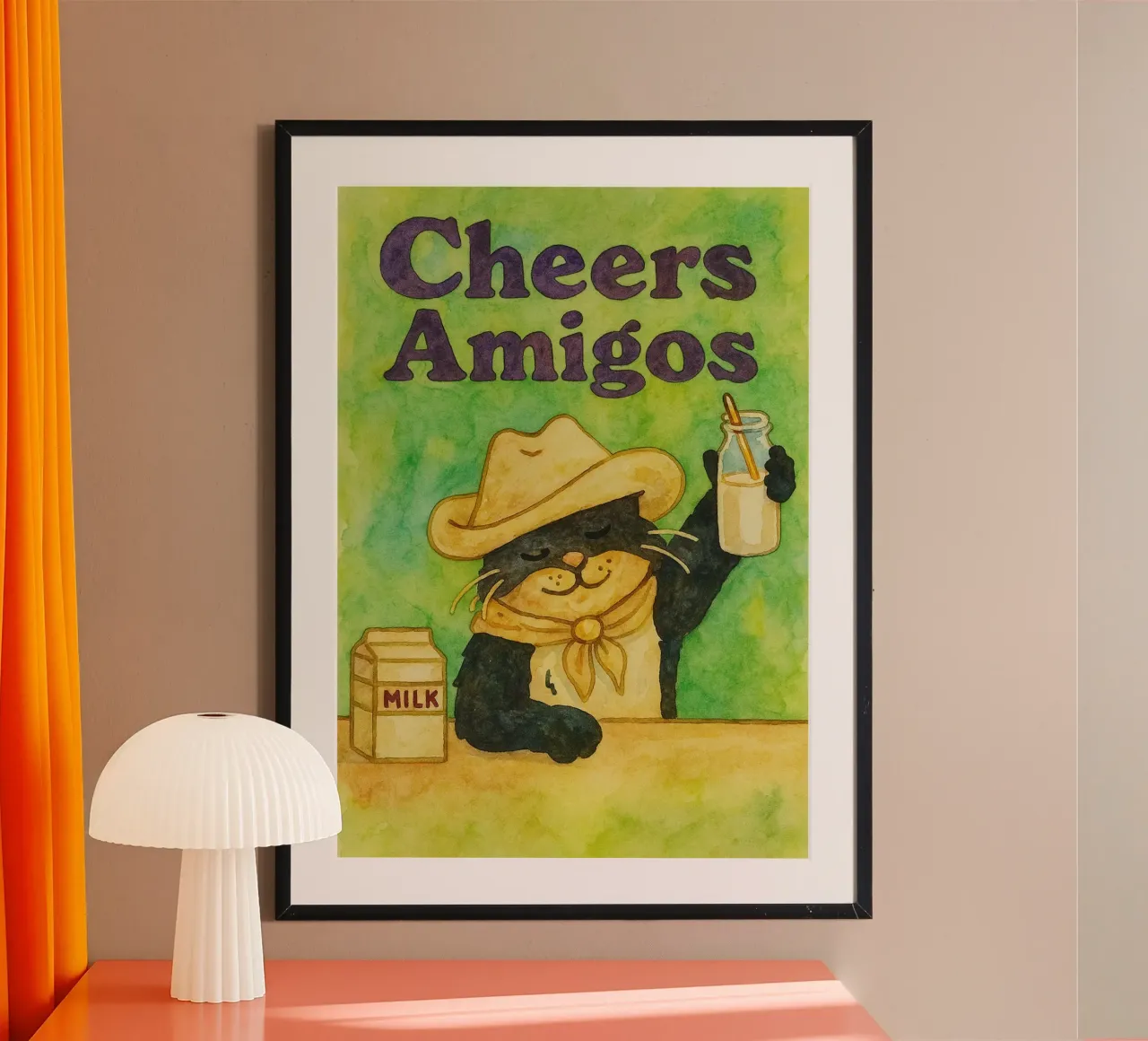 divertente gatto tifa latte amigos poster con telaio in alluminio da Mirage