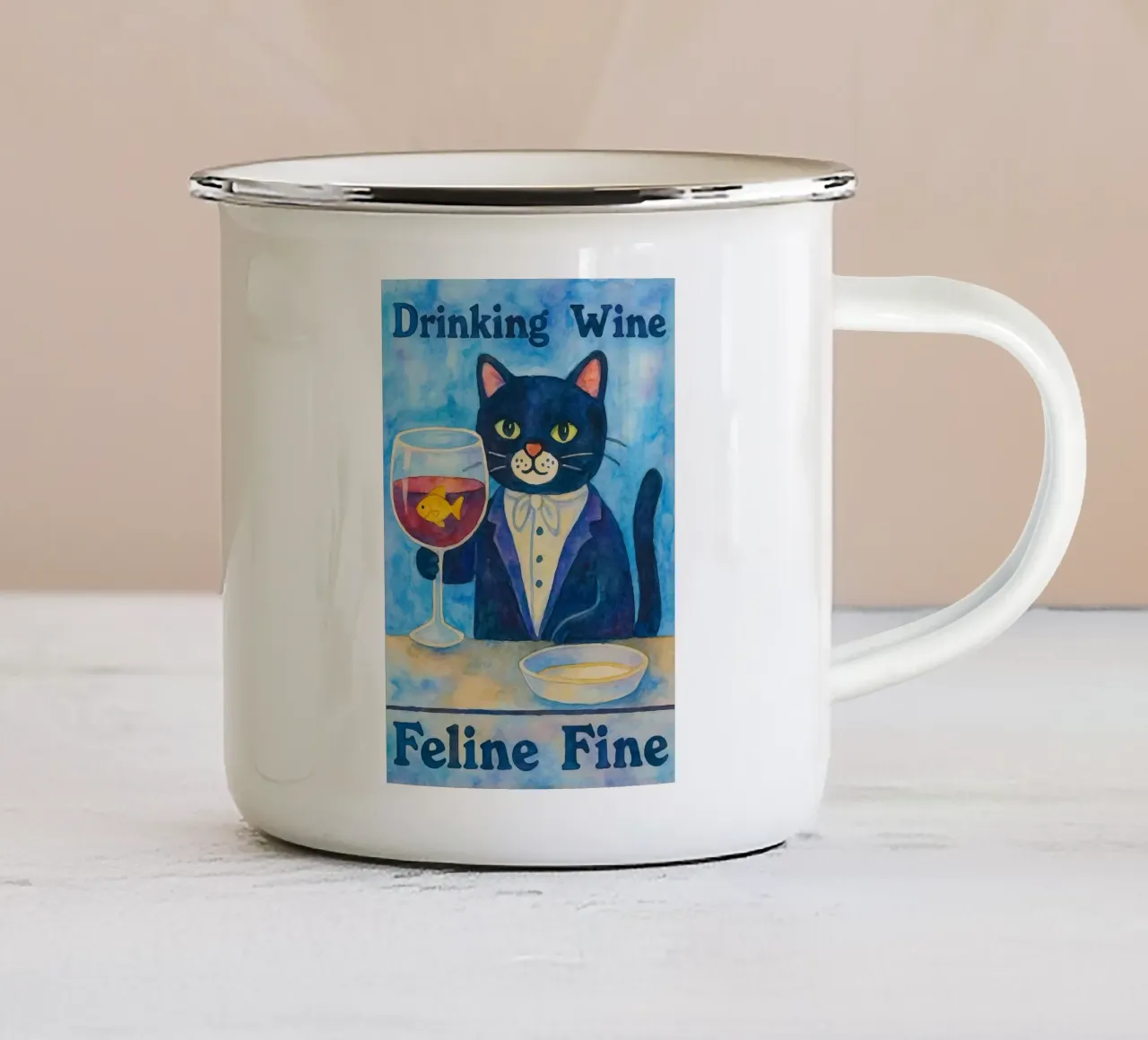 gatto divertente che beve vino tazza in smalto da Mirage