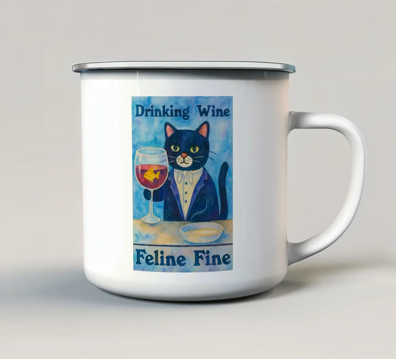 gatto divertente che beve vino tazza in smalto da Mirage