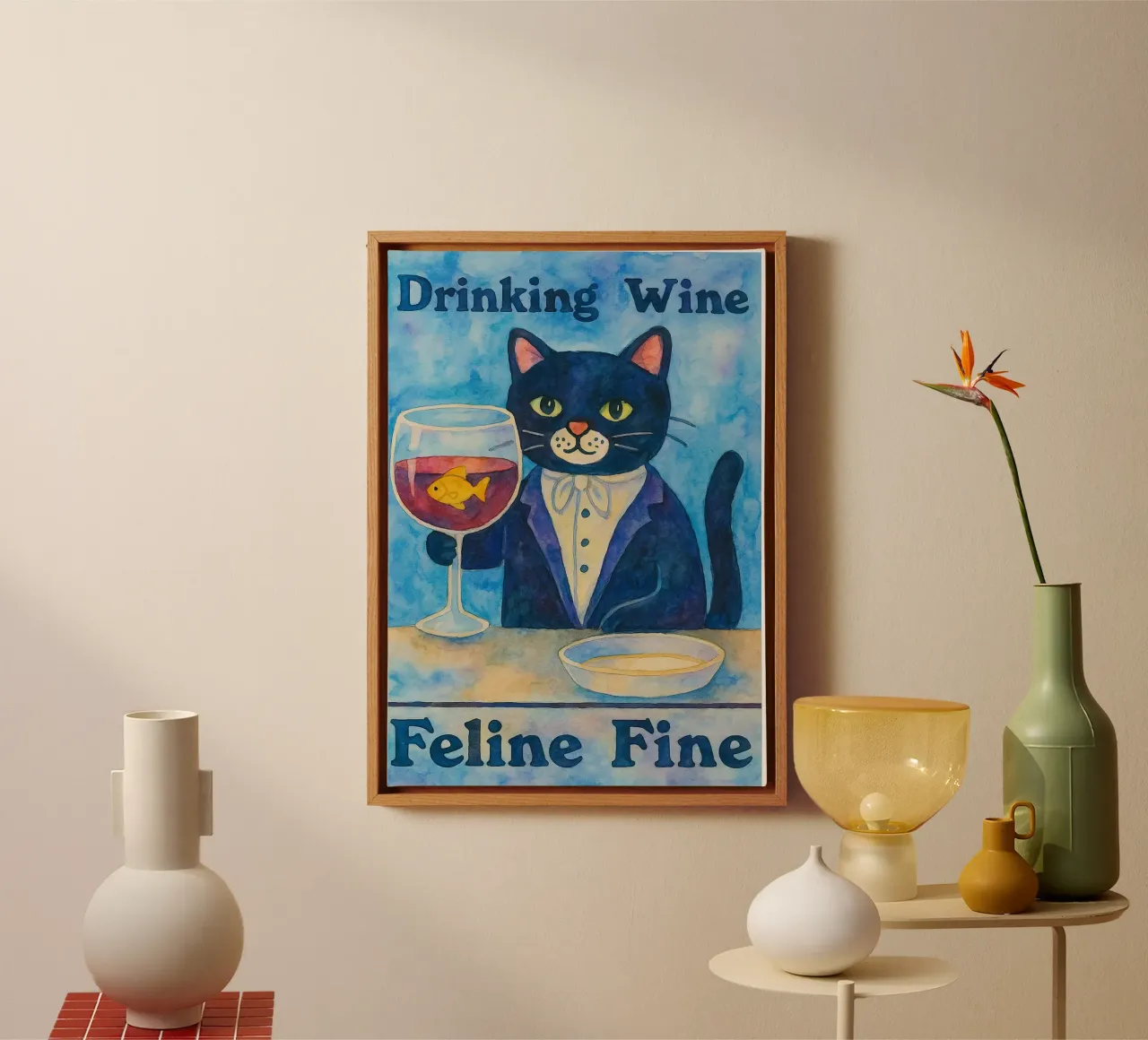 funny cat drinking wine canvas with Floater frame by Mirage