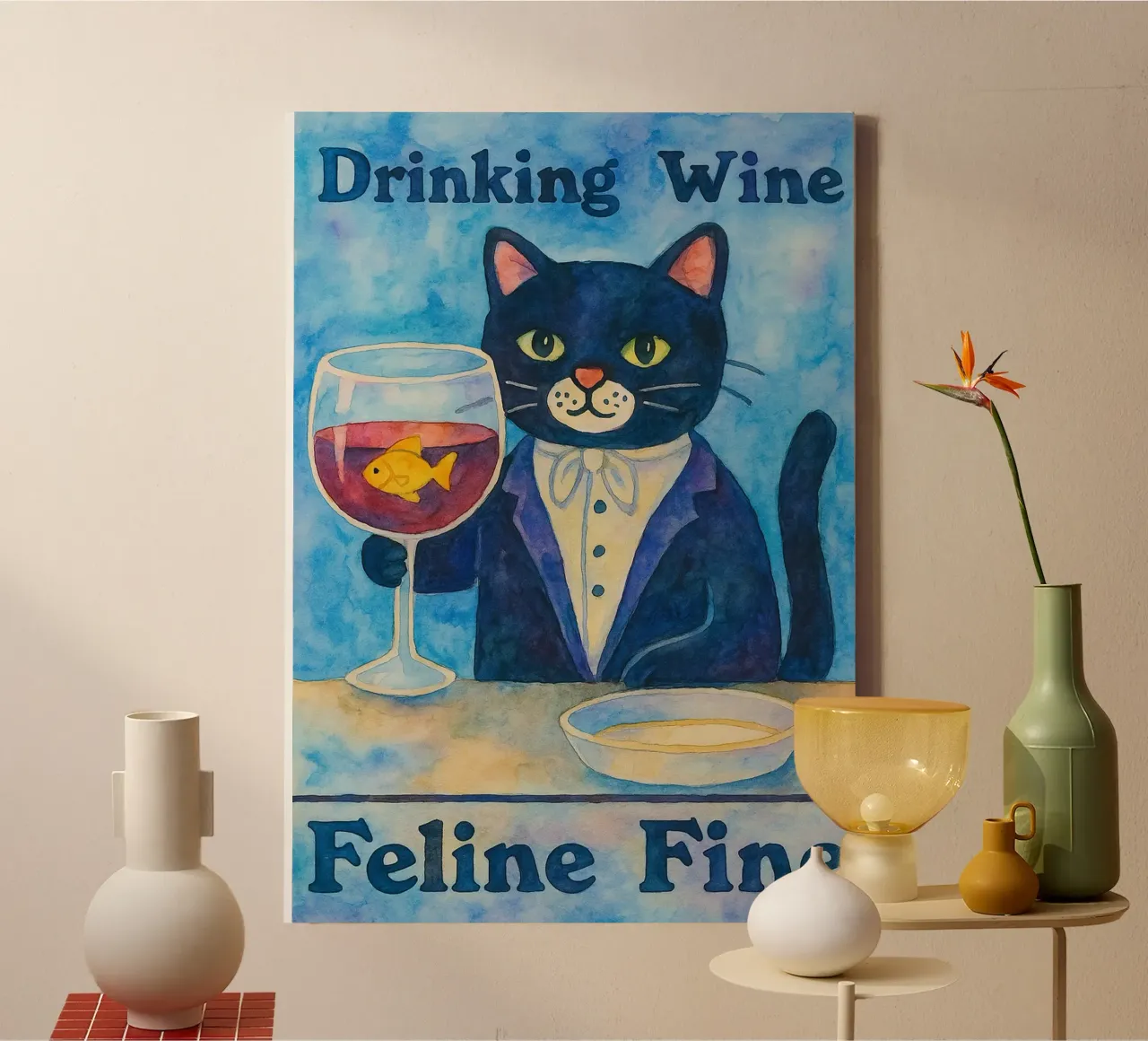 funny cat drinking wine canvas with Floater frame by Mirage
