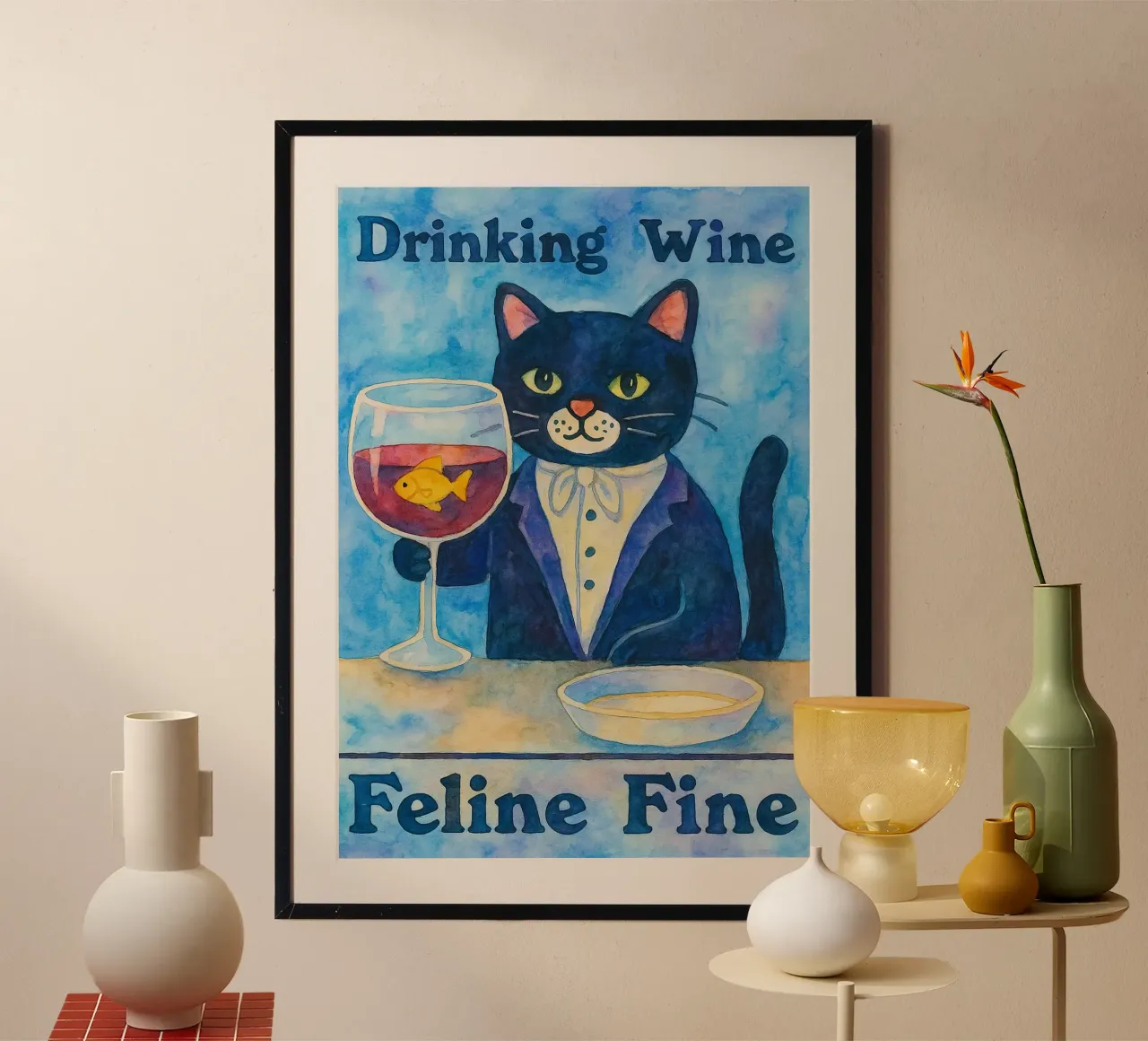 gatto divertente che beve vino poster da Mirage