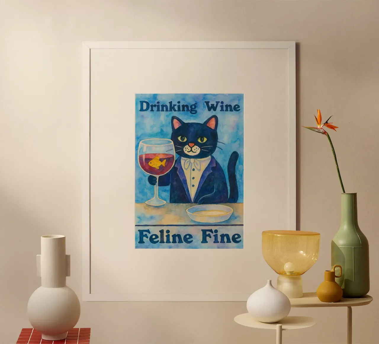 gatto divertente che beve vino poster da Mirage