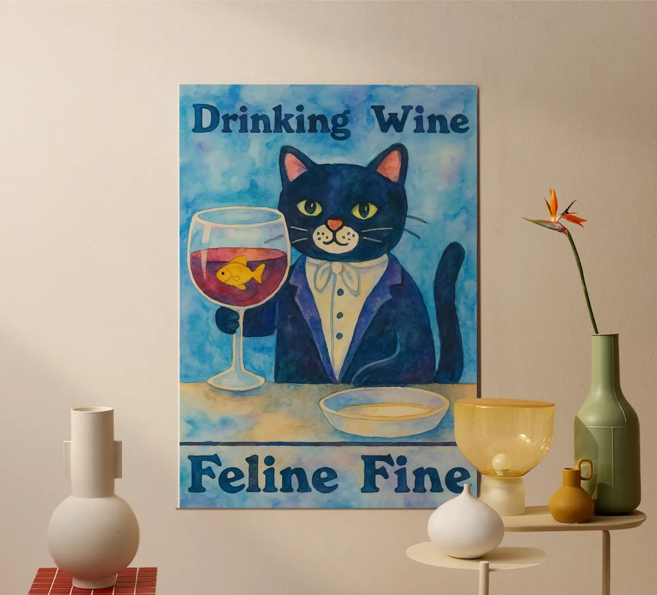 gatto divertente che beve vino poster da Mirage