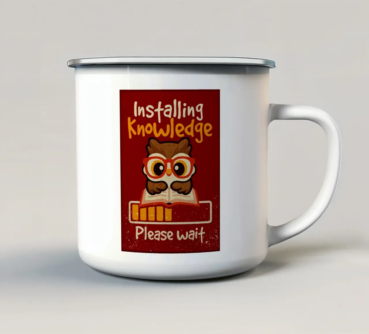 Installazione di knowledge owl tazza in smalto da Andrew S Morrison