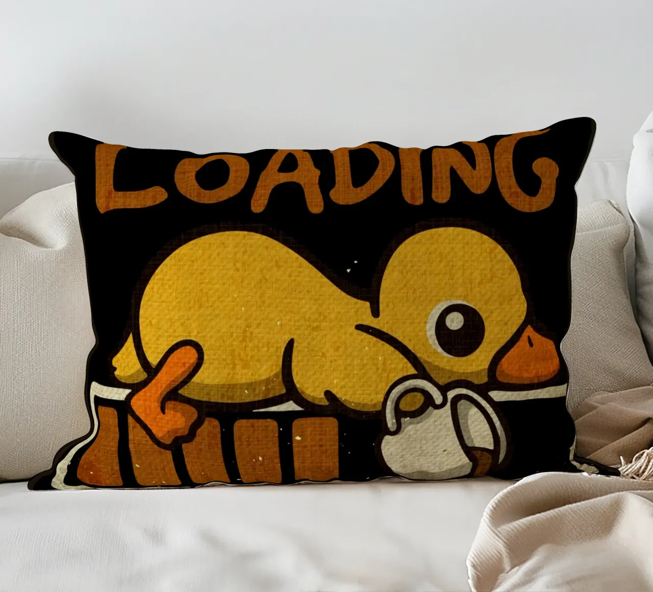 Caffeine loading duck decorative cushion by Andrew S Morrison