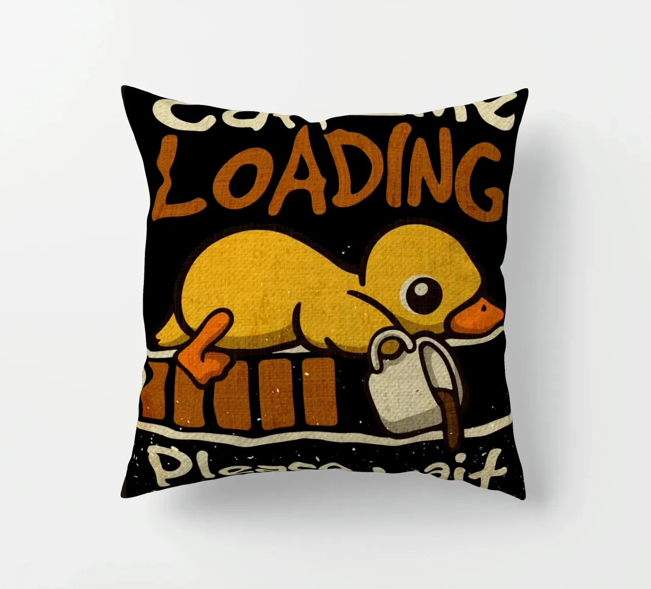 Caffeine loading duck decorative cushion by Andrew S Morrison