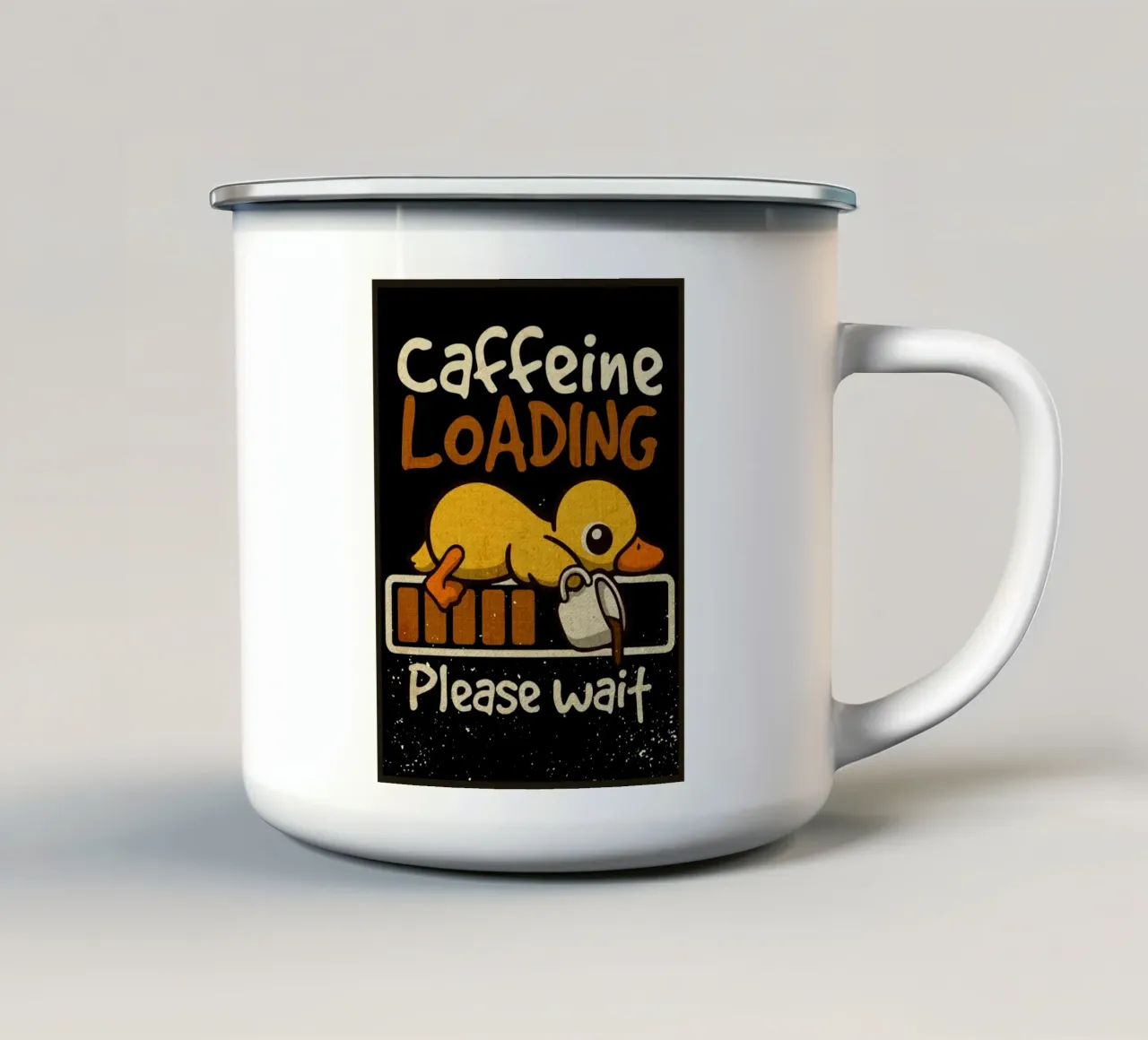 Caffeine loading duck enamel mug by Andrew S Morrison