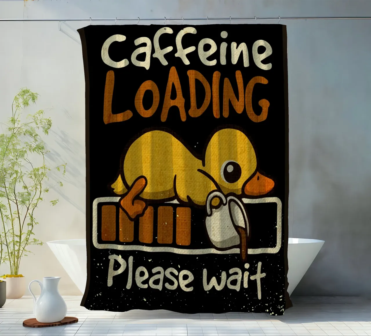 Caffeine loading duck shower curtain by Andrew S Morrison