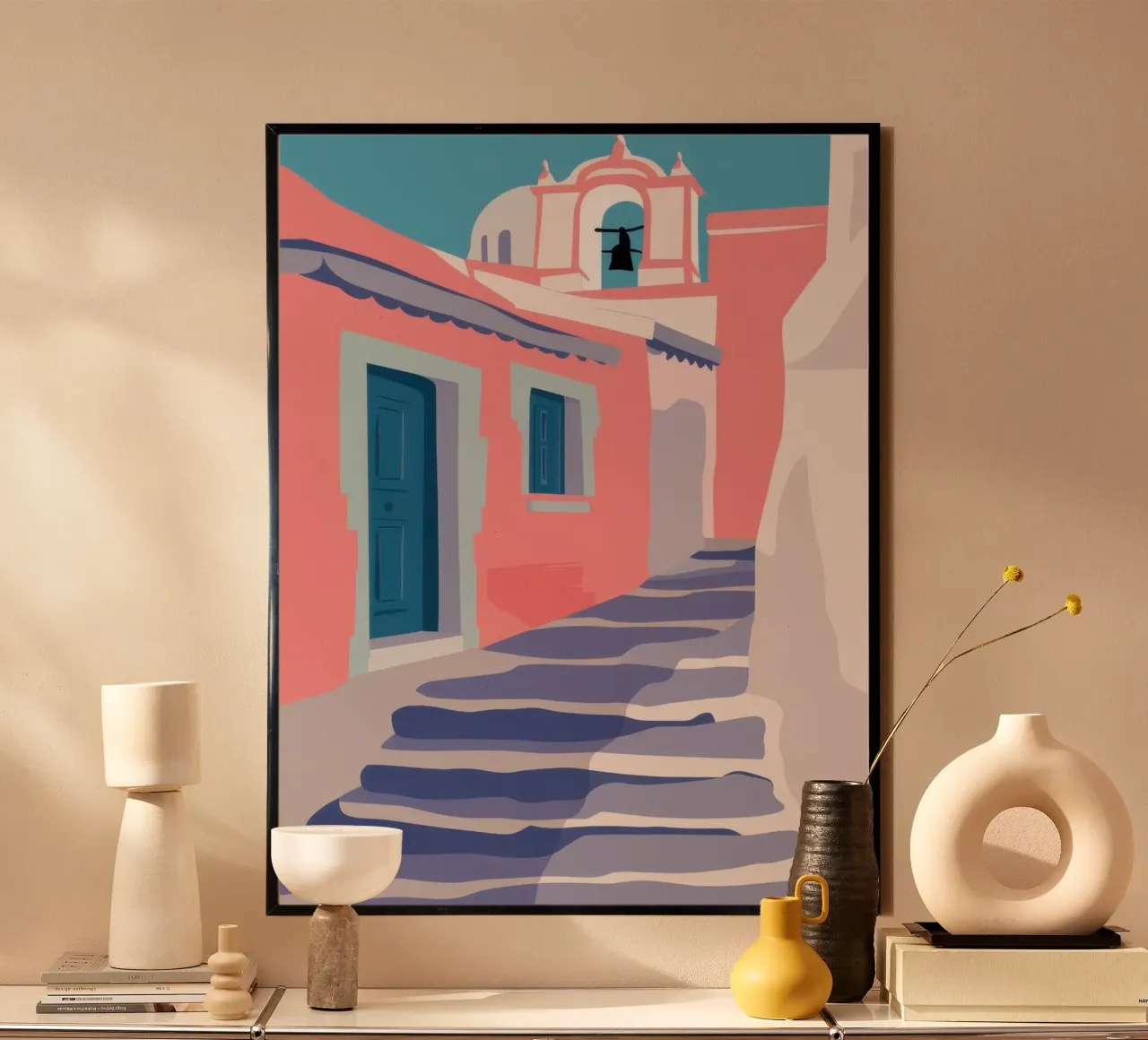 L'escalier de Santorin poster avec cadre en bois de Mythy Brush