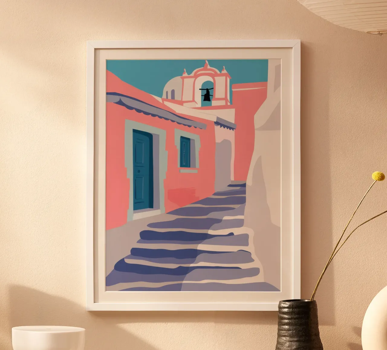 L'escalier de Santorin poster avec cadre en bois de Mythy Brush